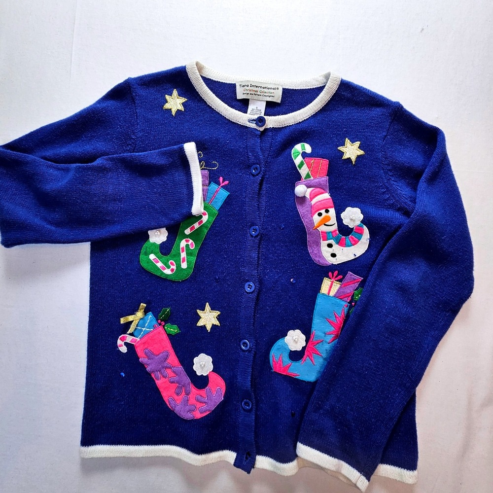 Tiara International Christmas Stocking Snowman Cardigan Sweater Blue Womens S